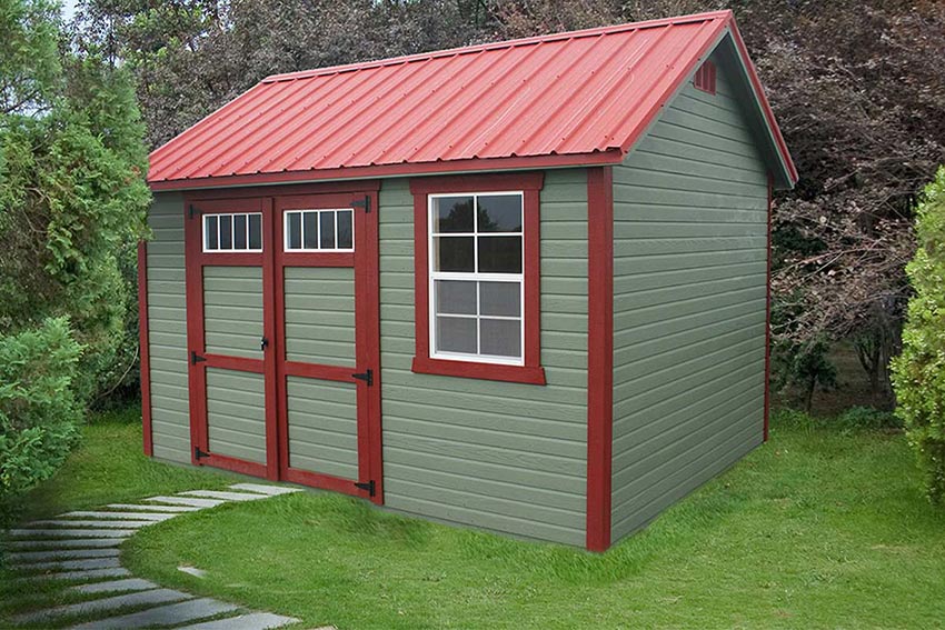 <li>Pequea Green color Dutchlap siding,
Jamestown Red color Trim,
Red color Roof,
wooden Double doors with Transom Windows,
24 x 36 window</li>