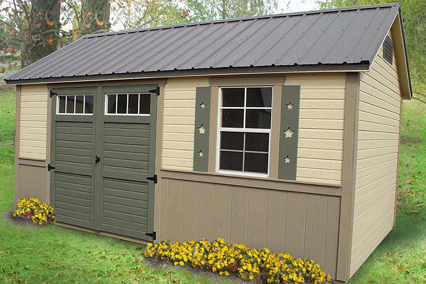 <li>Deluxe Siding,
Zook Cream color Dutchlap siding,
Khaki Color Barn Siding,
Khaki color Trim and Wainscoting,
Charcoal color Roof,
Pequea Green color wooden Double doors with Transom Windows,
24 x 36 window with Pequea Green color decorative 'star' shutters</li>
