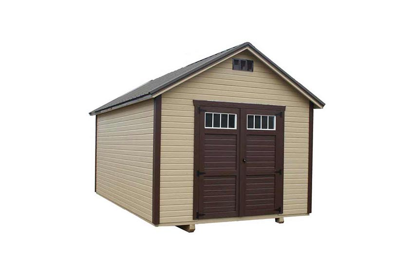 <li>Pequea Tan color Dutchlap siding,
Charcoal Brown color Trim,
Burnished Slate color Roof,
Charcoal Brown Wooden Double Doors with Transom windows</li>