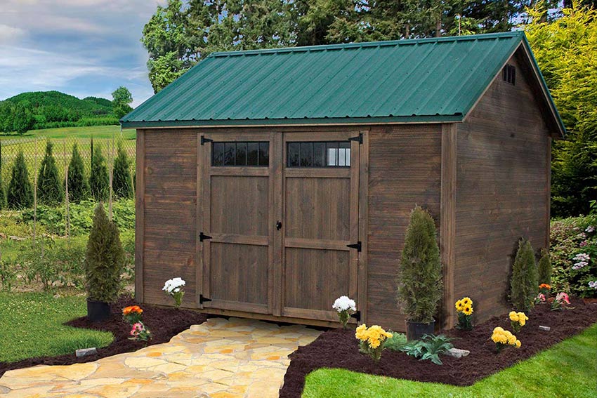<li>Smoke Stain color Rustic Shiplap siding,
Smoke Stain color Trim,
Green color Roof,
Wooden double doors with Transom windows</li>