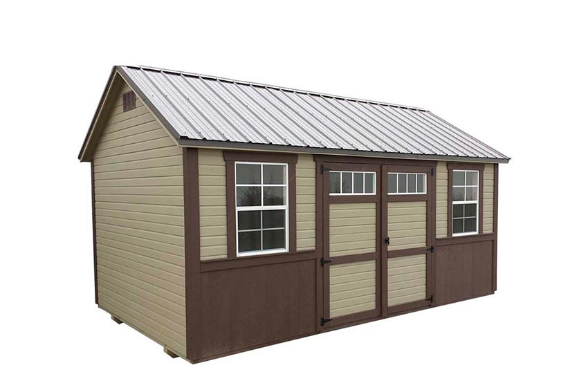 <li>Deluxe Siding,
Pequea Tan color Dutchlap siding,
Charcoal Brown color Barn siding,
Charcoal Brown color Trim and Wainscoting,
Burnished Slate color Roof,
Wooden Double Doors with transom windows,
24 x 36 windows</li>