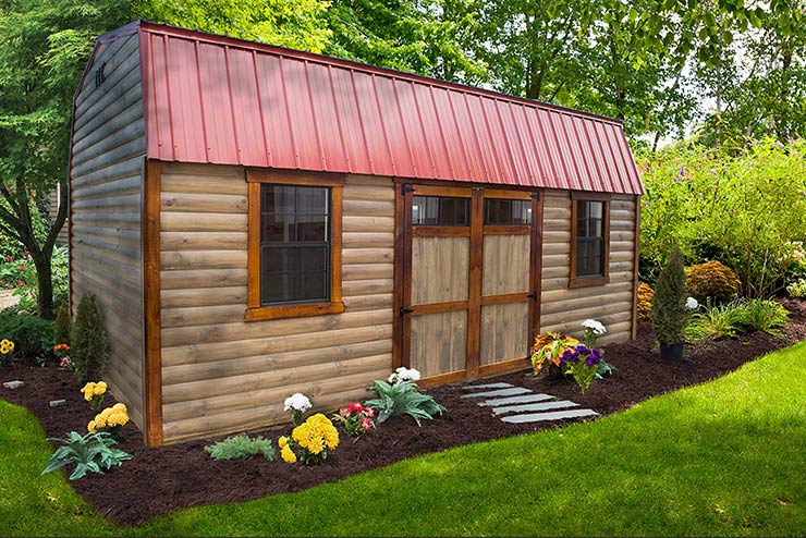 Mini Barn shed with Pequea Tan Dutchlap siding, Jamestown Red color Trim and doors, Charcoal color Roof, and Wooden Double Doors with transom windows Mini Barn shed with Pequea Tan Dutchlap siding, Jamestown Red color Trim and doors, Charcoal color Roof, and Wooden Double Doors with transom windows