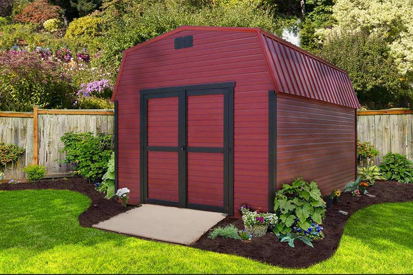 <li>Mountain Red color Dutchlap siding,
Black color Trim,
Red color Roof,
Wooden Double Doors</li>