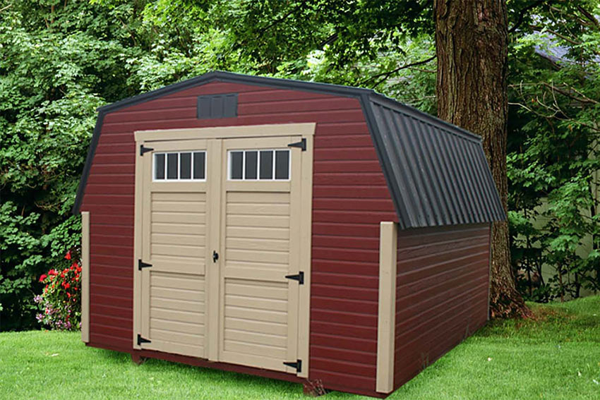 <li>Jamestown Red color Dutchlap siding,
pequea tan color Trim and doors,
Shiny Black color Roof,
wooden Double doors with Transom Windows</li>