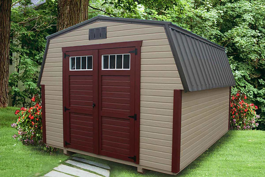 <li>Pequea Tan color Dutchlap siding,
Jamestown Red color Trim and doors,
Charcoal color Roof,
Wooden Double Doors with transom windows</li>