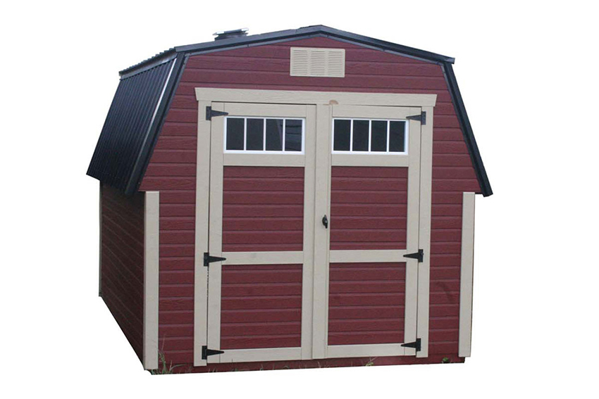 <li>Jamestown Red color Dutchlap siding,
Pequea Tan color Trim,
Shiney Black color Roof,
Wooden double doors with Transom windows</li>