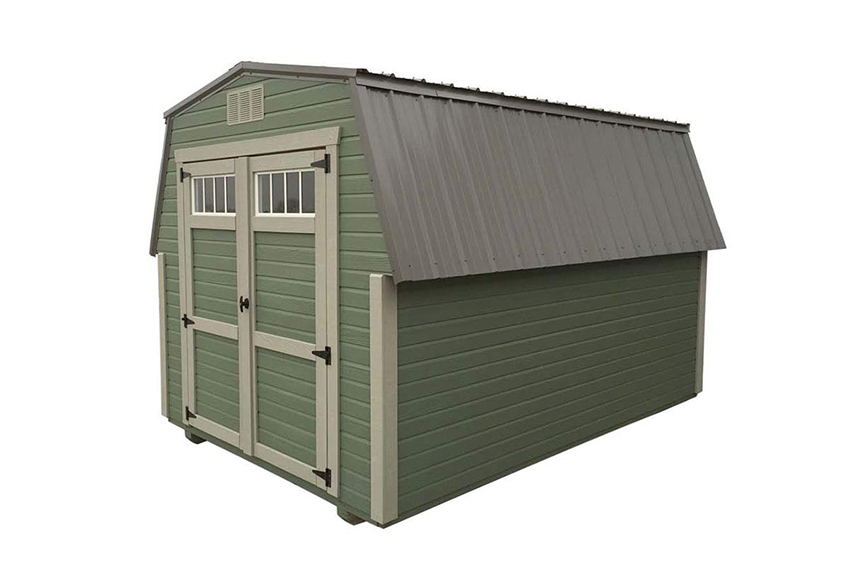 <li>Pequea Green color Dutchlap siding,
Clay color Trim,
Charcoal color Roof,
Wooden Double Doors with transom windows</li>