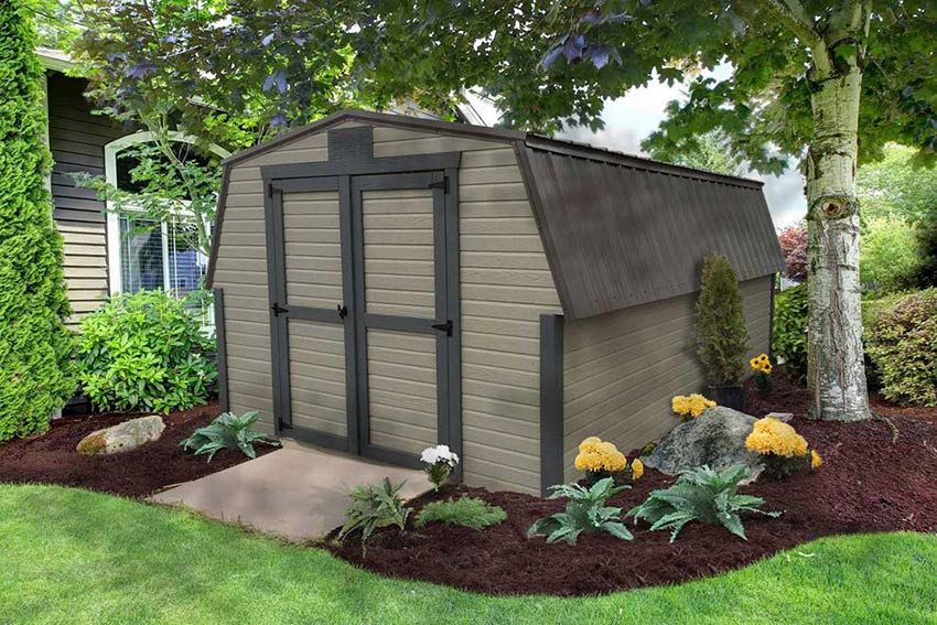<li>Khaki color Dutchlap siding,
Shale color trim,
Charcoal color Roof,
Wooden Double Doors</li>